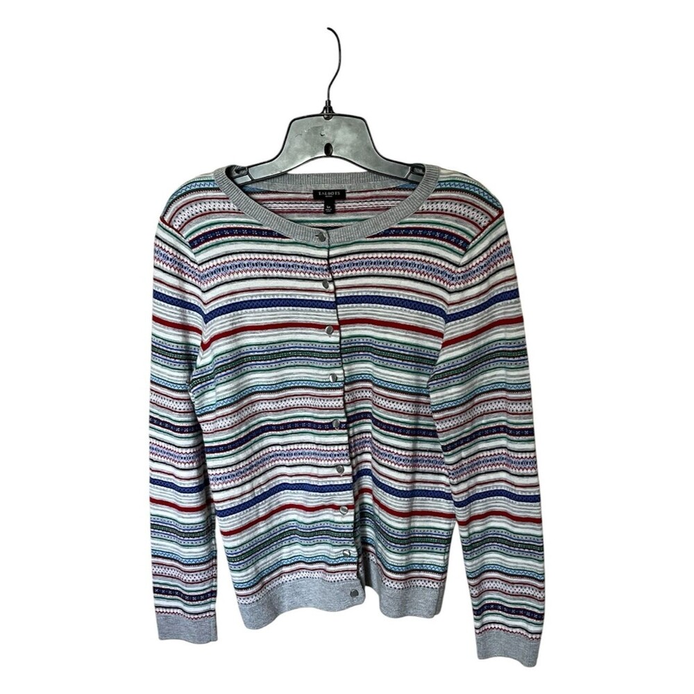 Talbots Lambswool-Blend Fair Isle Striped Cardigan with Button Closure Size LP